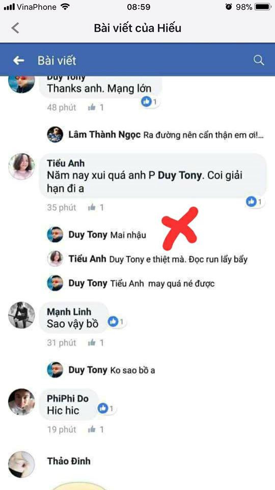 Những bình luận vô cảm từ tài khoản Duy Tony giả. Ảnh chụp màn hình.