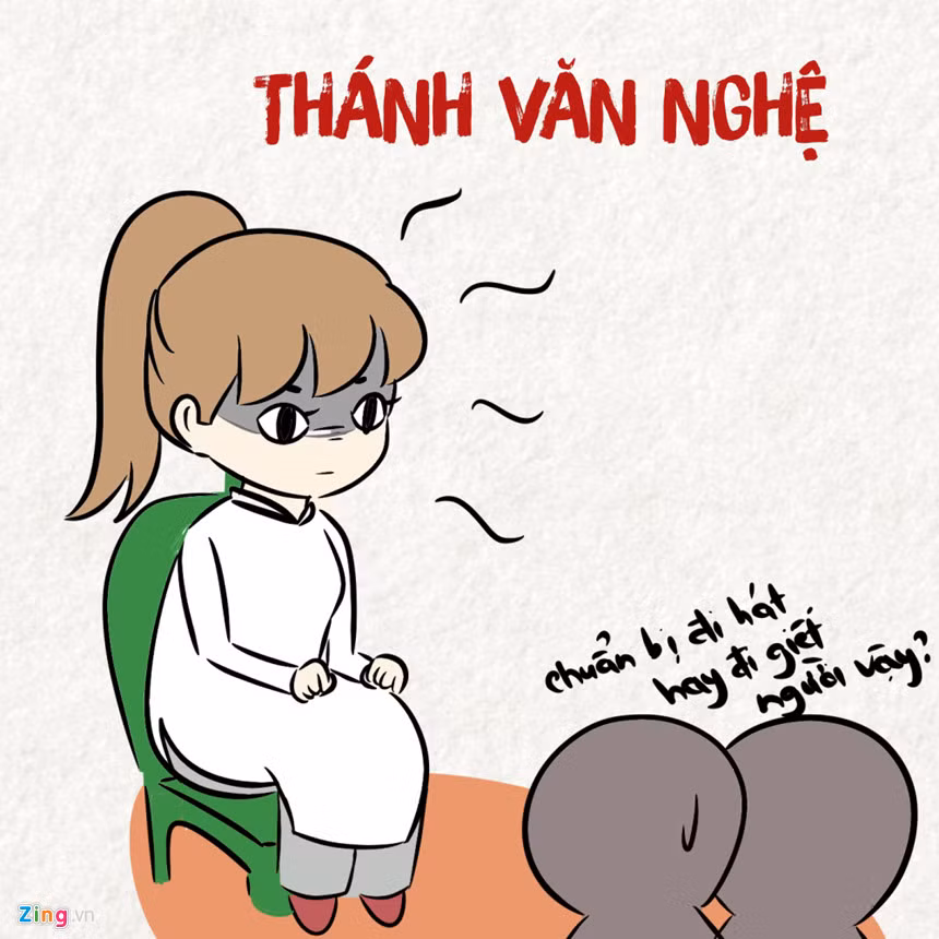 Có một kiểu học sinh dịp lễ nào cũng thấy nó biểu diễn văn nghệ. Nhưng thánh văn nghệ thì cũng có lúc hồi hộp. Phải hát cho toàn bộ học sinh trong trường nghe, còn có lãnh đạo địa phương, hội phụ huynh học sinh... đâu phải chuyện đùa. Thôi thì cố gắng sống sót qua ngày trọng đại này vậy.