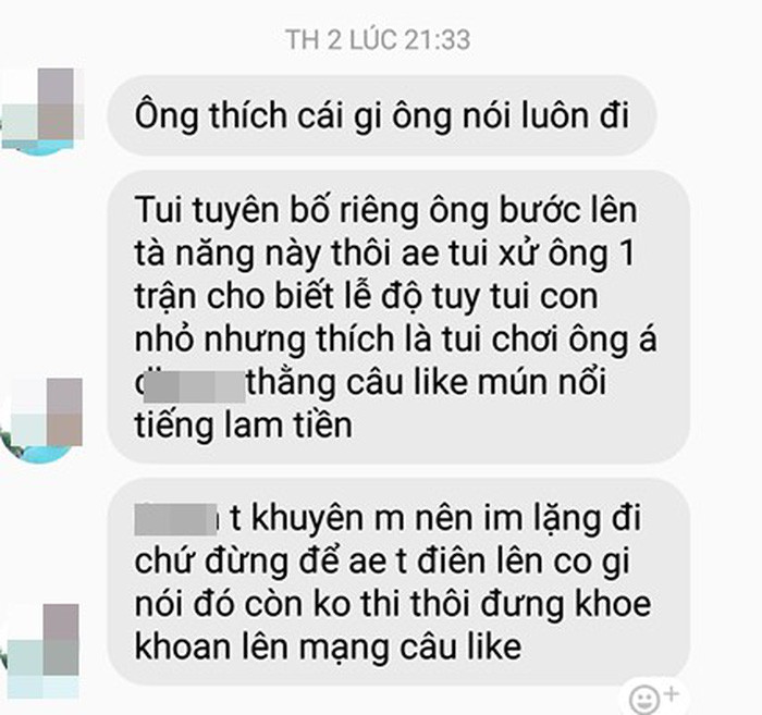 Một tin nhắn dọa nạt gửi đến L.B. - Ảnh do nhân vật cung cấp