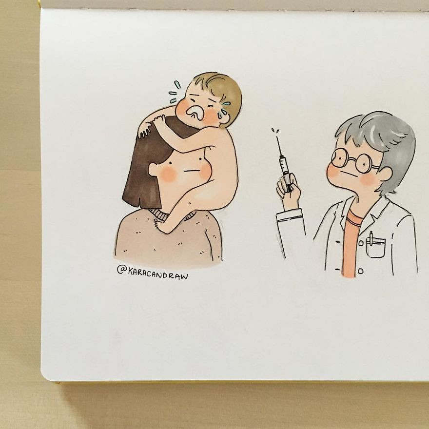 Bộ tranh "mẹ bỉm sữa" ghi lại từng khoảnh khắc đời thường. Tất cả các chuyến viếng thăm bác sĩ đều diễn ra trong tình trạng này.