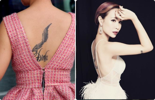 Hình xăm to ngay giữa lưng của Uyên Linh khiến khán giả khá bất ngờ. Chiếc lông vũ bay bổng phía trên chữ Đinh được Uyên Linh chia sẻ là thể hiện khá vọng vươn lên để đạt đến thành công