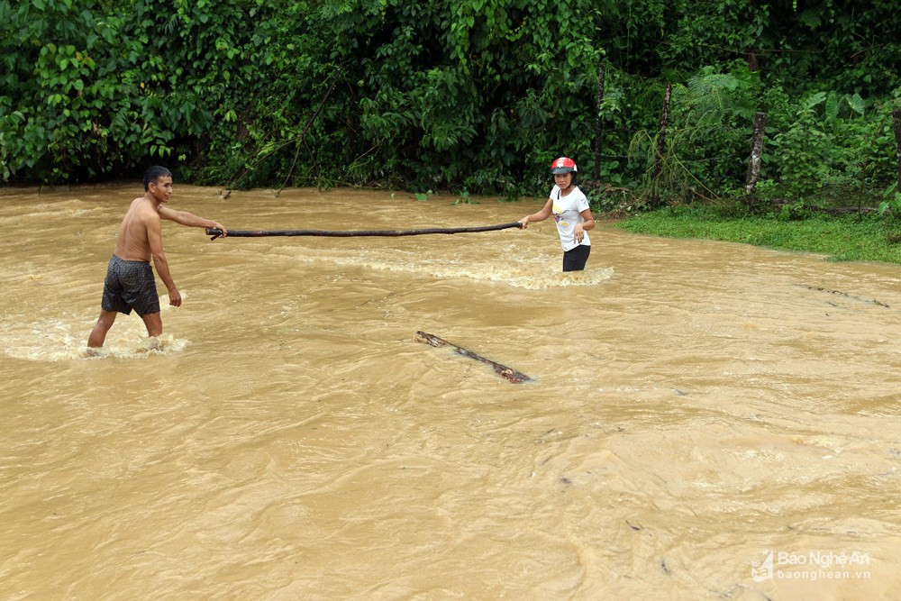 Dùng gậy gỗ giúp bạn vượt suối. Ảnh: Hữu Vi