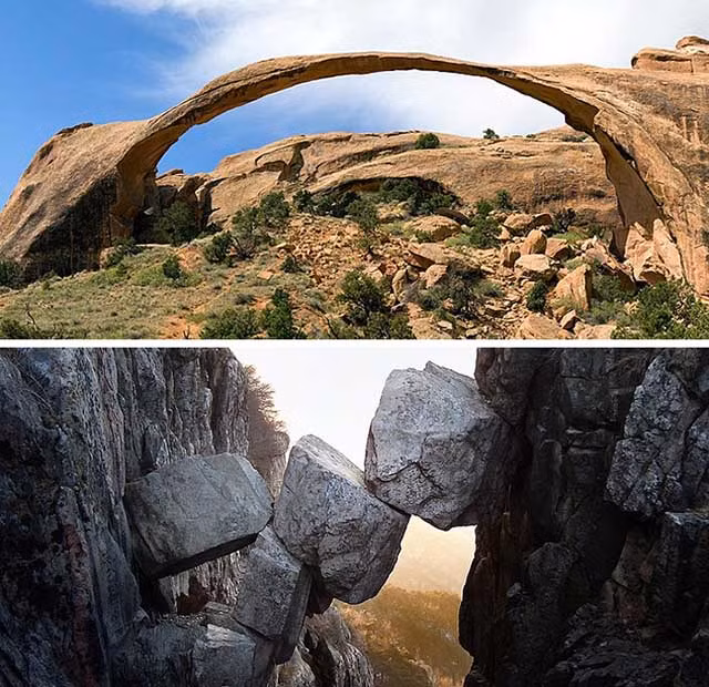  10.Cầu đá tự nhiên, Trung Quốc: Tuyệt tác thiên nhiên này kiến ai cũng choáng ngợp khi những tảng đá vô tình mắt kẹt giữa núi, tạo nên một cây cầu tự nhiên tuyệt đẹp nhưng cũng không kém phần nguy hiểm.