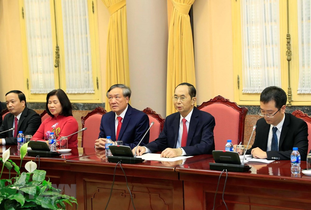 Chiều 19/9/2018, tại Phủ Chủ tịch, Chủ tịch nước Trần Đại Quang tiếp đồng chí Chu Cường, Chánh án Toà án nhân dân Tối cao Trung Quốc đang có chuyến thăm và làm việc tại Việt Nam. (Ảnh: TTXVN)