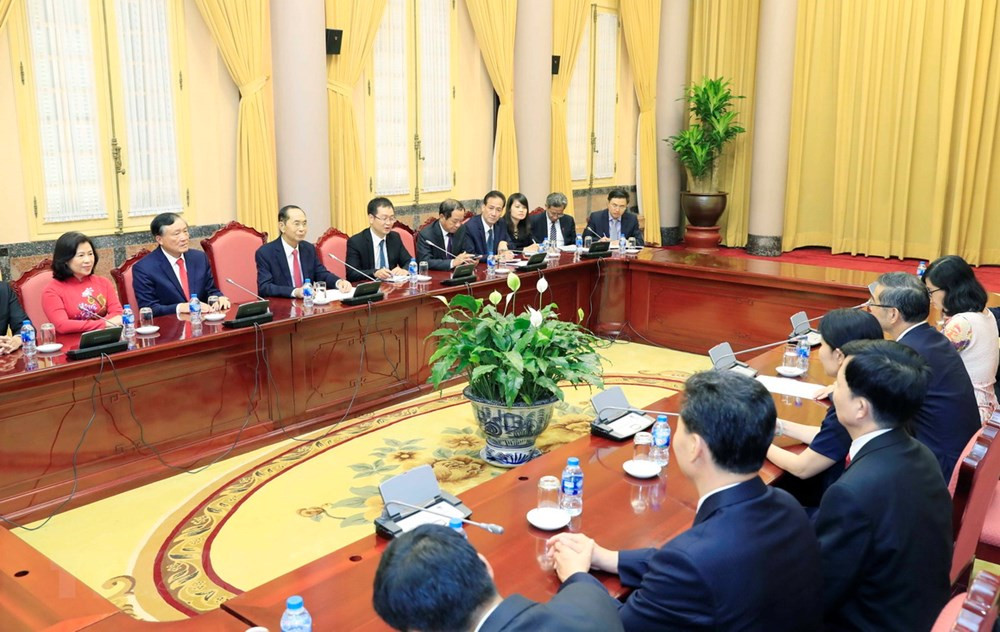 Chiều 19/9/2018, tại Phủ Chủ tịch, Chủ tịch nước Trần Đại Quang tiếp đồng chí Chu Cường, Chánh án Toà án nhân dân Tối cao Trung Quốc đang có chuyến thăm và làm việc tại Việt Nam. (Ảnh: TTXVN)