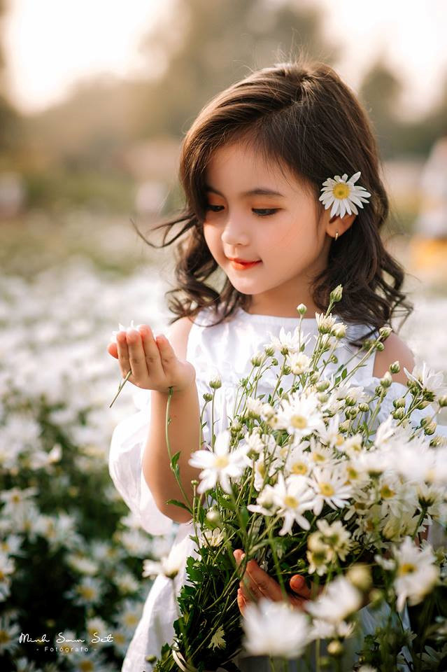 Bé Thúy Thiện sở hữu đôi mắt to tròn cùng "góc nghiêng thần thánh". Cô bé tỏ ra chuyên nghiệp khi chụp ảnh bên những đóa cúc họa mi và cho ra ảnh "đốn tim" dân mạng. "Hai bé ngoài đời đều xinh lại ăn ảnh, nhiều người cứ vào xin chụp ảnh cùng", nhiếp ảnh gia Trần Long nói.