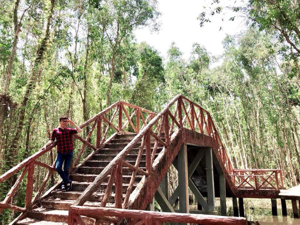 Ngoài đoạn đường bằng bê tông thì rừng tràm còn có những đoạn cầu gỗ được thiết kế để du khách nghỉ chân.