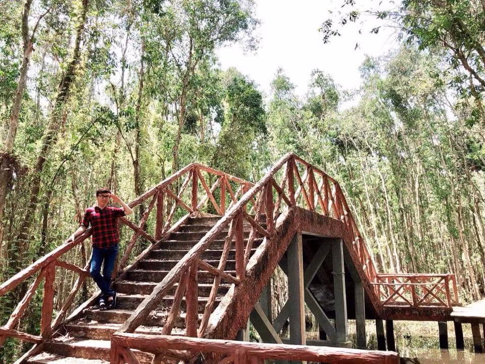 Ngoài đoạn đường bằng bê tông thì rừng tràm còn có những đoạn cầu gỗ được thiết kế để du khách nghỉ chân.