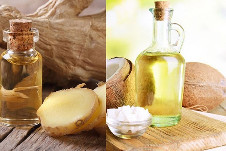 Gừng và dầu dừa: Thành phần gồm 1 muỗng canh nước gừng 1 muỗng cà phê dầu dừa. Lấy gừng tươi ép lấy nước. Hâm nóng dầu dừa và trộn nó với nước ép gừng. Dùng hỗn hợp này lên trên da đầu và để nó trong 40 phút. Sau đó rửa sạch với một loại dầu gội nhẹ. Bạn có thể dùng phương pháp này hai lần một tuần để có kết quả tốt hơn.