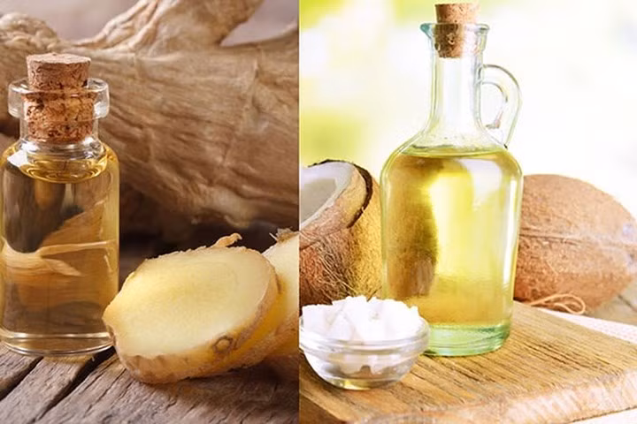 Gừng và dầu dừa: Thành phần gồm 1 muỗng canh nước gừng 1 muỗng cà phê dầu dừa. Lấy gừng tươi ép lấy nước. Hâm nóng dầu dừa và trộn nó với nước ép gừng. Dùng hỗn hợp này lên trên da đầu và để nó trong 40 phút. Sau đó rửa sạch với một loại dầu gội nhẹ. Bạn có thể dùng phương pháp này hai lần một tuần để có kết quả tốt hơn.