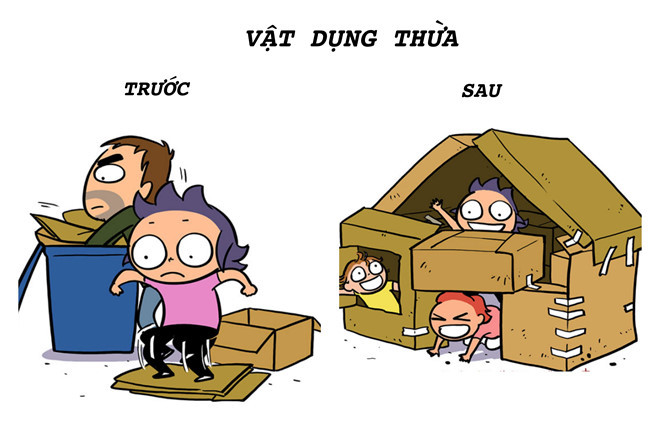 Không biết từ khi nào mấy thứ thừa thãi như thùng carton lại trở thành vật hữu dụng đến thế, không phải vì các con sao? Hết xây nhà, dựng chiến lũy rồi cùng con chơi trò đánh trận... cuối cùng cũng vì muốn các con vui. Đúng là chỉ có cha mẹ là thương con vô điều kiện.