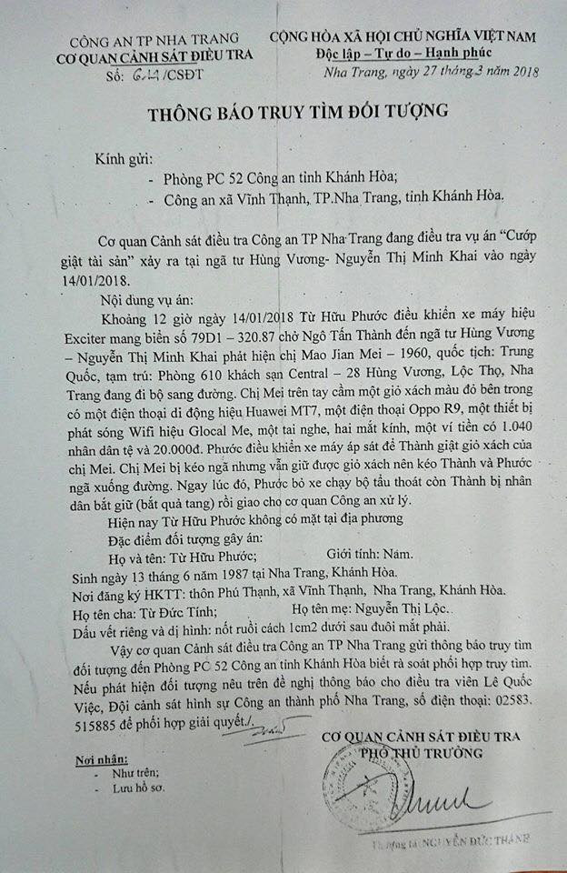 Công văn thông báo truy tìm đối tượng của Công an TP Nha Trang được lan truyền trên mạng xã hội.