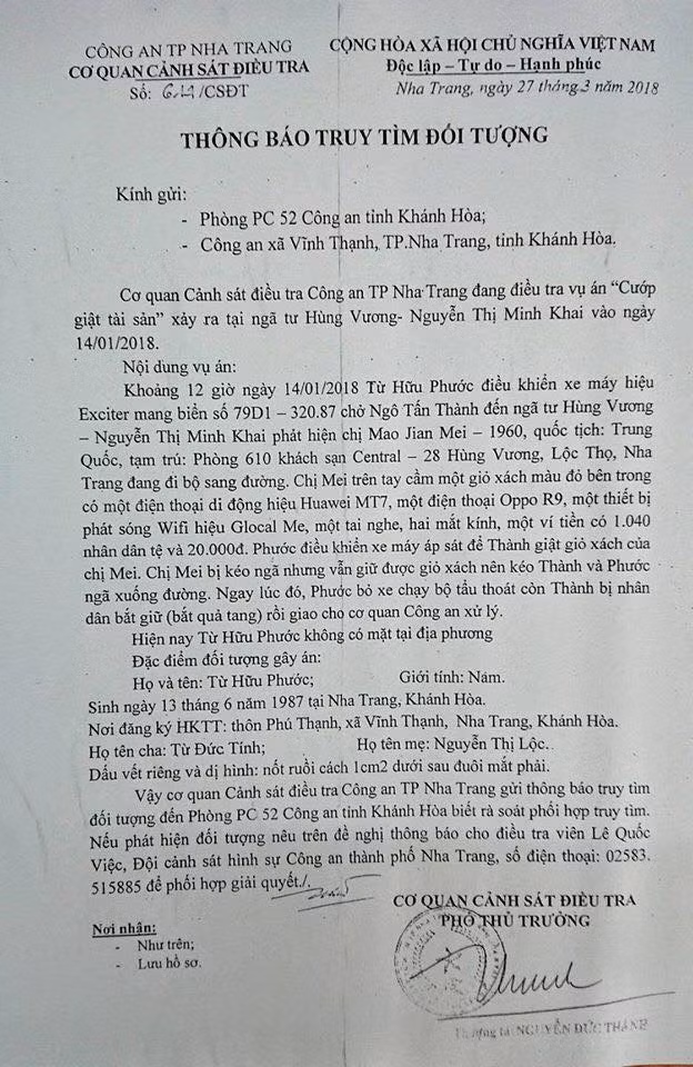 Công văn thông báo truy tìm đối tượng của Công an TP Nha Trang được lan truyền trên mạng xã hội.