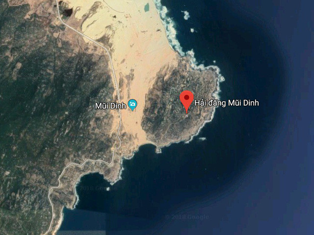 Hải đăng Mũi Dinh thuộc xã Phước Dinh (huyện Thuận Nam, Ninh Thuận), nằm cách Phan Rang 45km, là một địa điểm khá xa trung tâm thành phố - Ảnh chụp vệ tinh. Ảnh: HỒ HOÀNG HUY