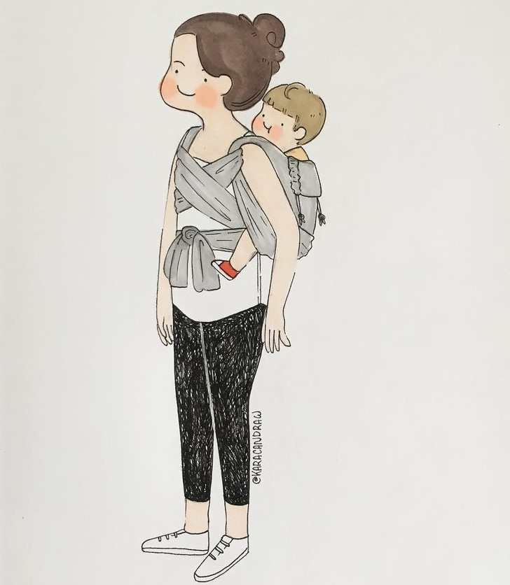 Lớn hơn một chút nữa, con đã không còn nằm trọn trong vòng tay để mặc mẹ xoa nắn nữa rồi. Địu con sau lưng cũng là trải nghiệm thú vị mà, mẹ đi đâu thì con sẽ theo đó. Những lúc này, con chính là cái đuôi của mẹ.