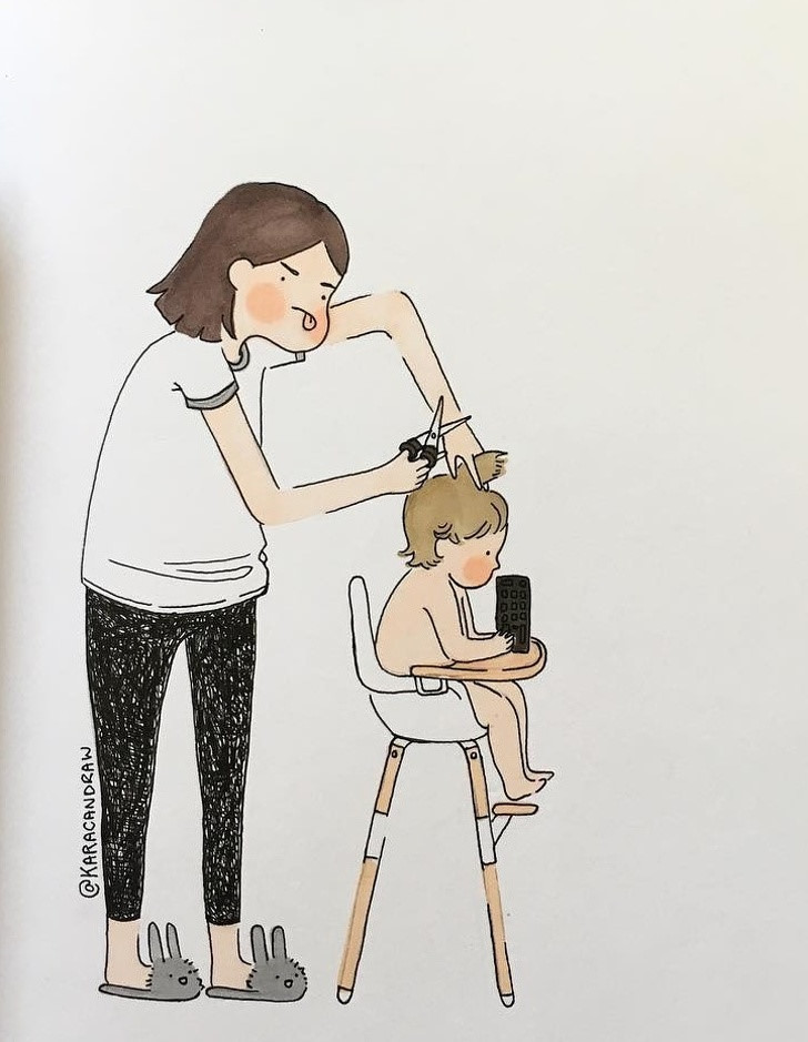 Làm mẹ cứ như làm siêu nhân, việc gì cũng đến tay và việc gì mẹ cũng giải quyết được. Từ việc công ty, việc nhà cho đến chăm chồng con, giờ lại còn... làm thợ cắt tóc bất đắc dĩ nữa chứ. Lạ một cái, con nít ra tiệm cắt tóc cứ như gặp "ông kẹ", không chịu ngồi yên. Thôi cứ về nhà tự cắt cho yên chuyện.