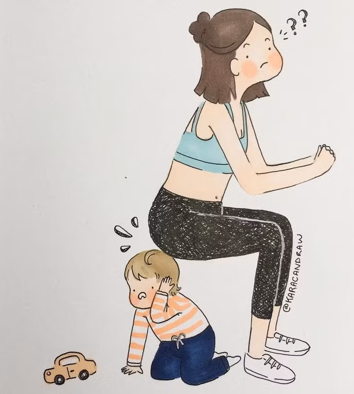 Có con rồi, cơ thể cũng không còn được thon gọn như xưa. Nếu muốn giữ sức khoẻ và vóc dáng, chỉ còn cách tranh thủ lúc con không quấy khóc tập tành chút thôi.