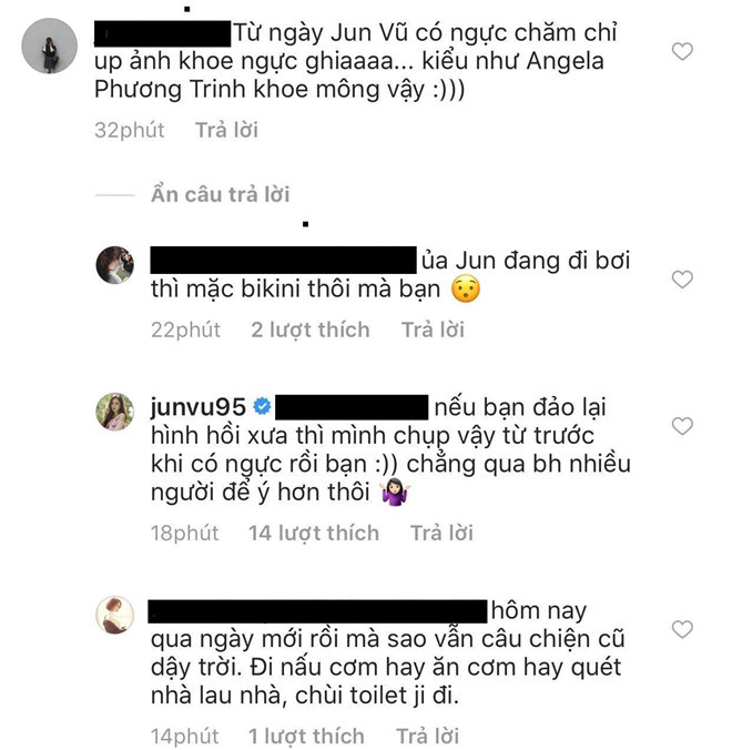 Bình luận cho rằng Jun Vũ "chăm chỉ" khoe ngực hơn kể từ ngày phẫu thuật.