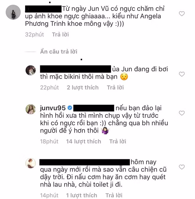 Bình luận cho rằng Jun Vũ "chăm chỉ" khoe ngực hơn kể từ ngày phẫu thuật.