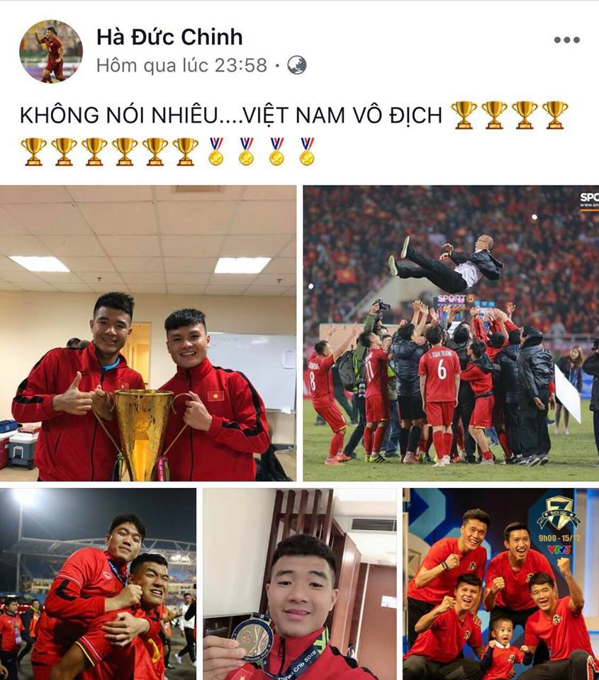 Đức Chinh vẫn "lém lỉnh" như thường ngày khi chia sẻ niềm vui sau khi giành chức vô địch AFF Cup 2018.