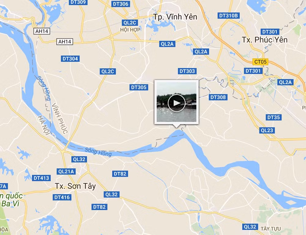 Vị trí các tàu lạ hút cát ở xã Trung Hà, huyện Yên Lạc. Ảnh: GoogleMap