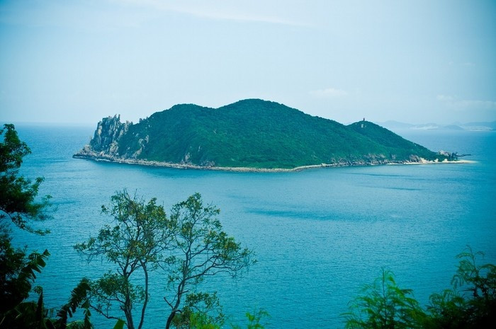 Đứng từ trên cung đèo Cả hùng vĩ nhìn ra, đảo Hòn Nưa như chú khủng long nhỏ khoác lớp da xanh mướt đang ngoan ngoãn nằm ngủ hướng đầu về phía bắc.