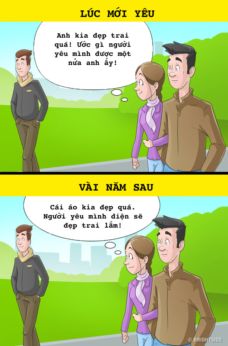 Lúc mới yêu, phụ nữ thường không tự tin vào người mình yêu, thích so sánh với soái ca này, ca sĩ nọ. Nhưng khi yêu nhau lâu rồi, họ tự biết hài lòng với những gì mình đang có.