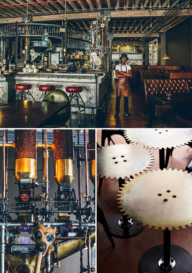 Thiết kế Steampunk (Khoa học viễn tưởng tập trung vào máy móc thiết bị chạy bằng hơi nước) ấn tượng tại quán cà phê Truth, Cape Town, Nam Phi.