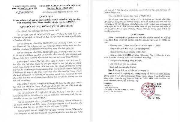 Cong ty A&H trung lien tiep 2 goi thau cua So GTVT Kien Giang