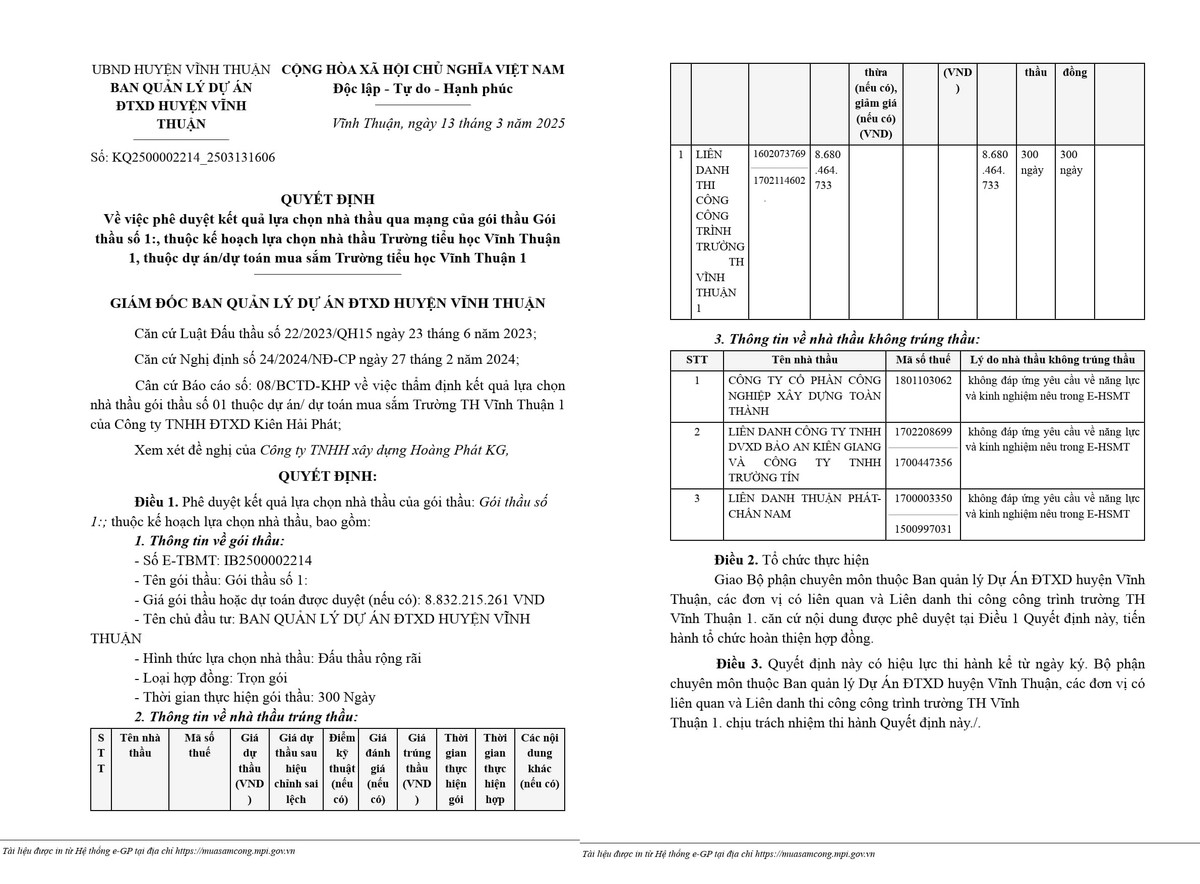 Kiên Giang: Liên danh nào trúng gói thầu xây trường tiểu học Vĩnh Thuận 1 Kien Giang: Lien danh nao trung goi thau xay truong tieu hoc Vinh Thuan 1