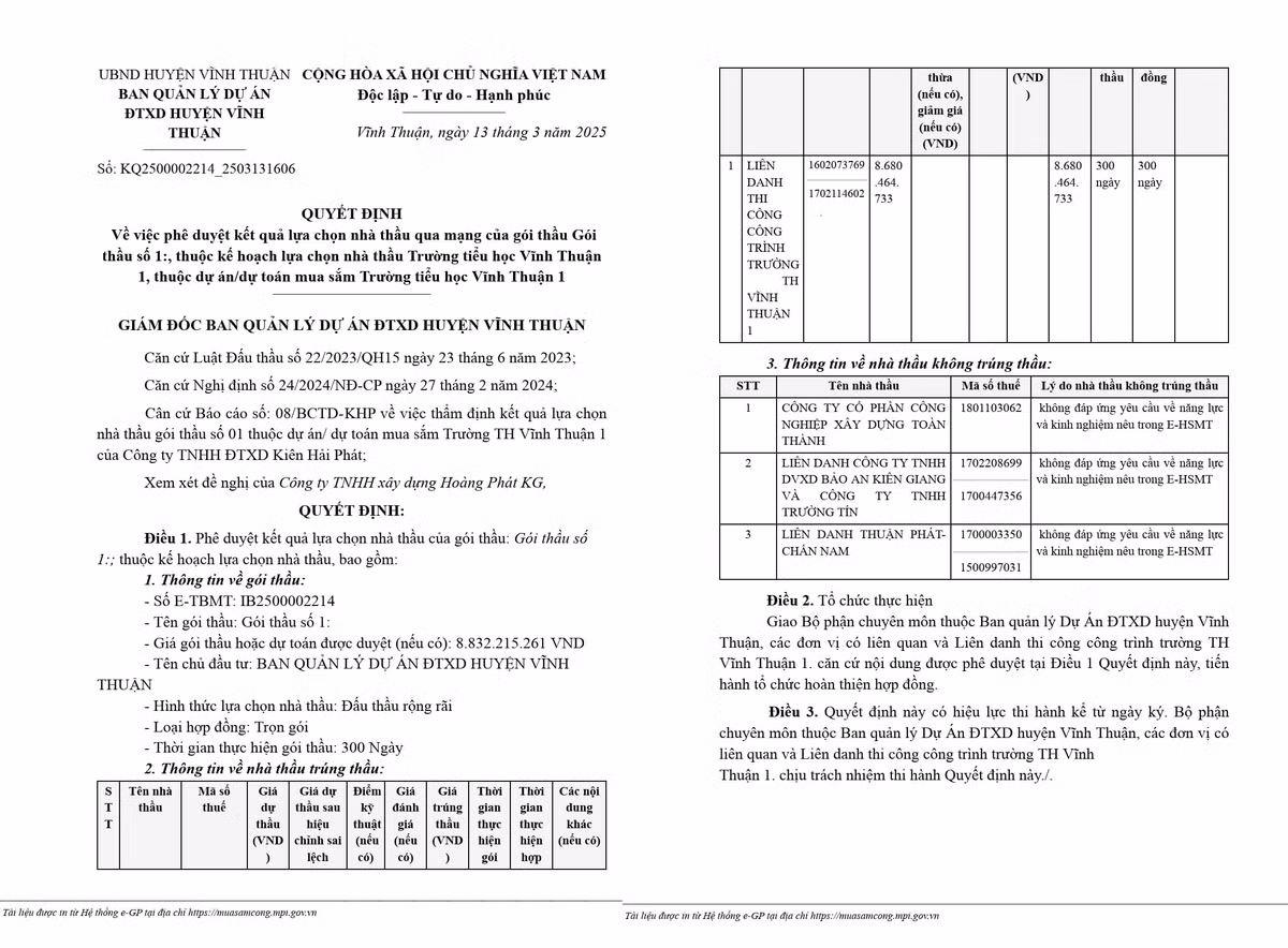 Kien Giang: Lien danh nao trung goi thau xay truong tieu hoc Vinh Thuan 1