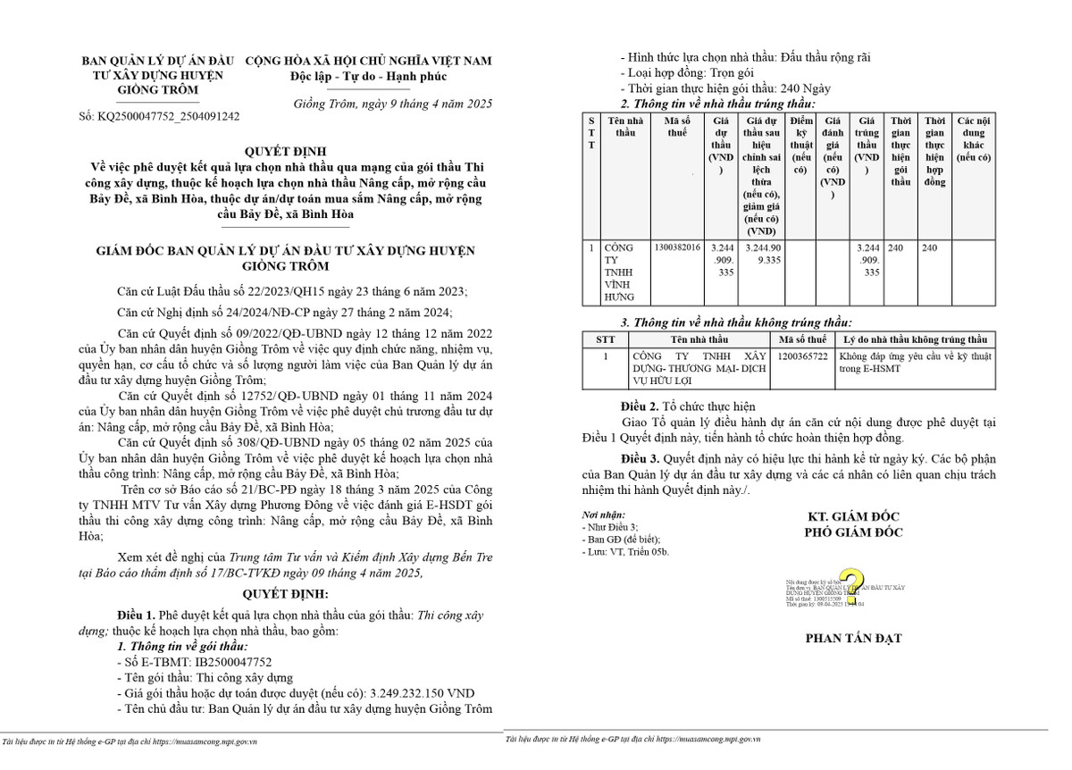 Ben Tre: Cty Vinh Hung trung lien tiep 2 goi thau thi cong hon 5 ty