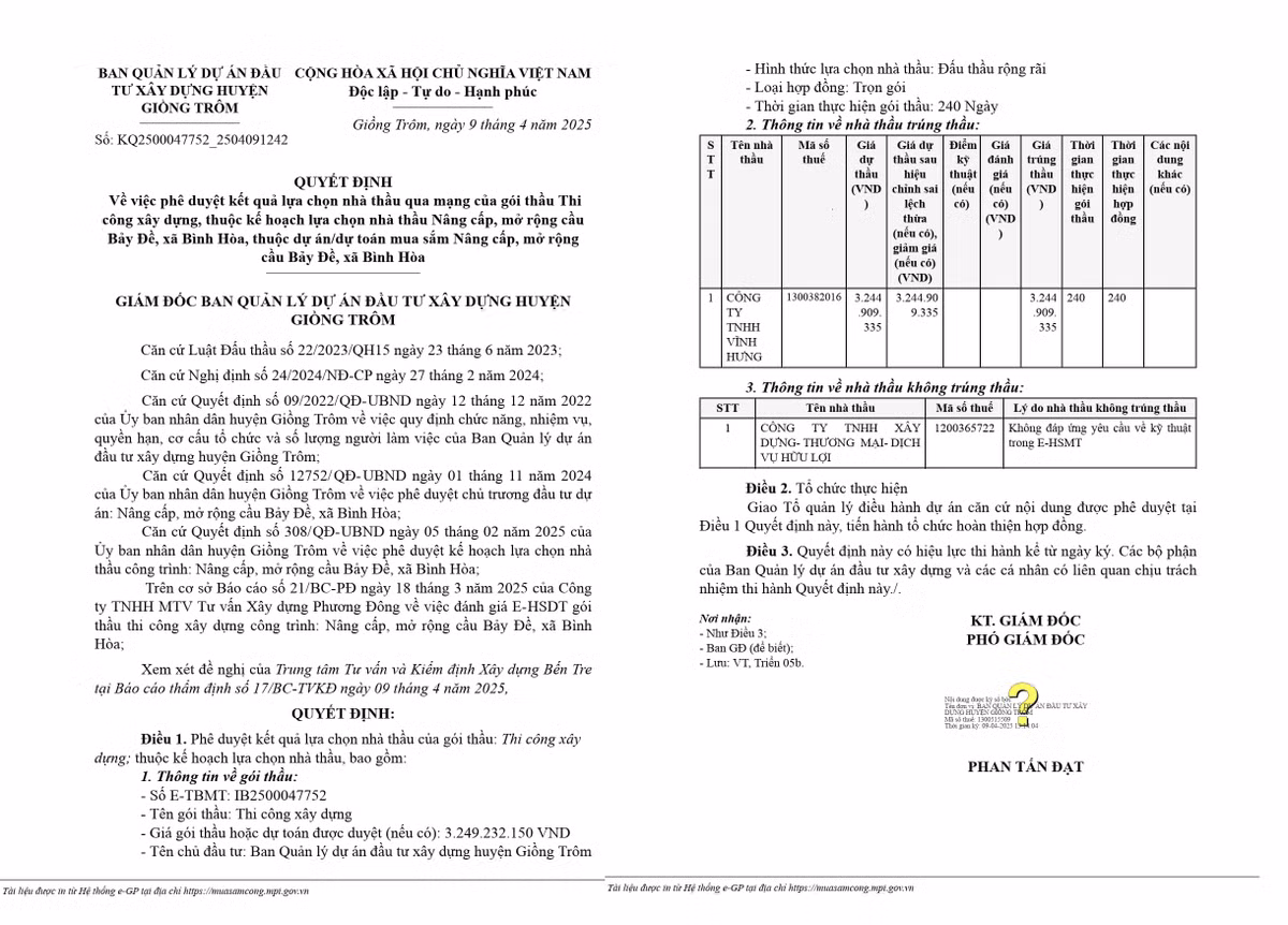 Ben Tre: Cty Vinh Hung trung lien tiep 2 goi thau thi cong hon 5 ty