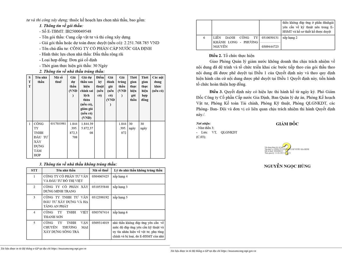 Cap Nuoc Gia Dinh: Cty Tam Hop vuot 06 doi thu, thang goi thau gan 2 ty
