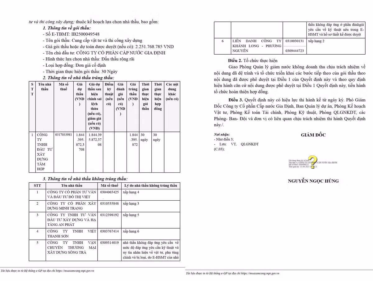 Cap Nuoc Gia Dinh: Cty Tam Hop vuot 06 doi thu, thang goi thau gan 2 ty