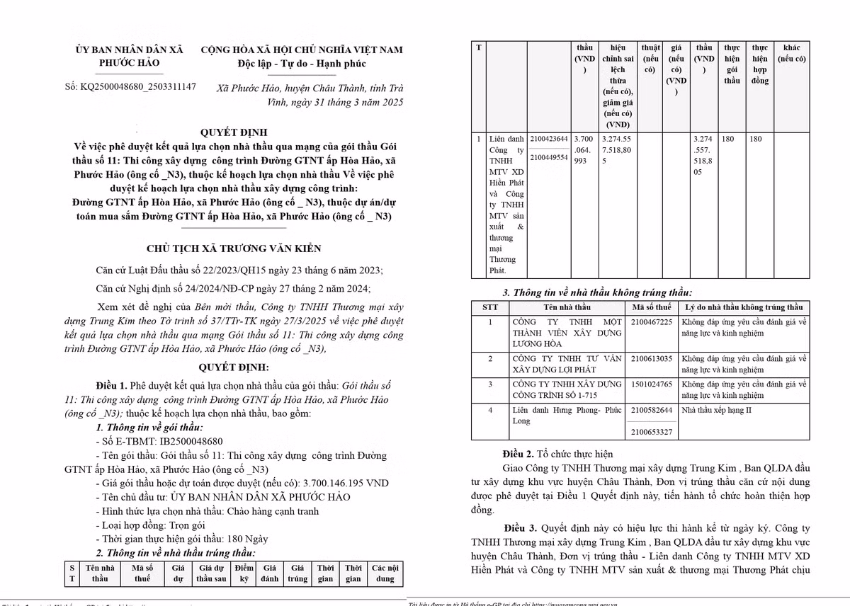 Tra Vinh: Lien danh nao trung goi thau thi cong duong GTNT ap Hoa Hao