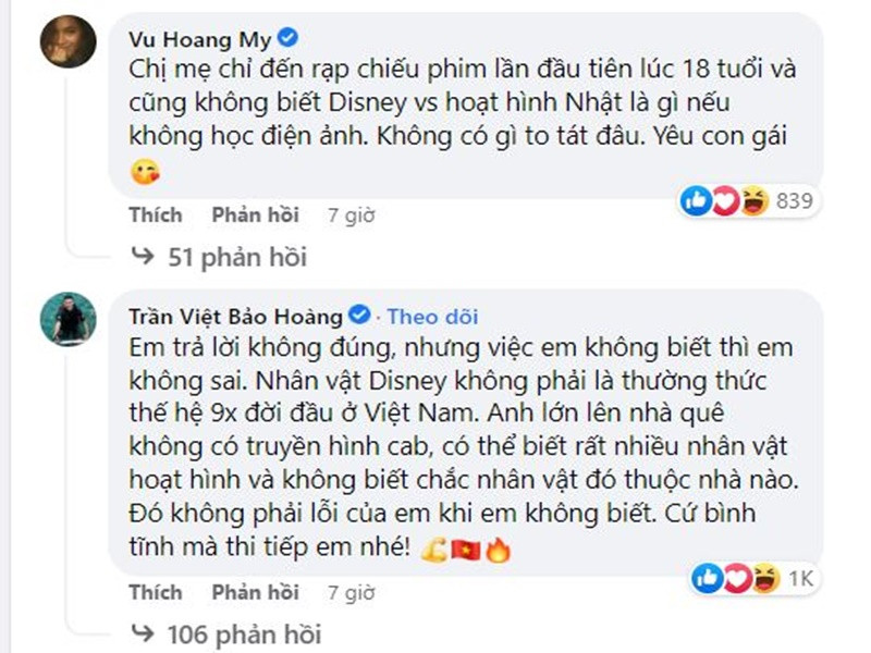 Trước chia sẻ của Kim Duyên, Á hậu Hoàng My, CEO Trần Việt Bảo Hoàng để lại bình luận động viên nàng á hậu. Ảnh chụp màn hình