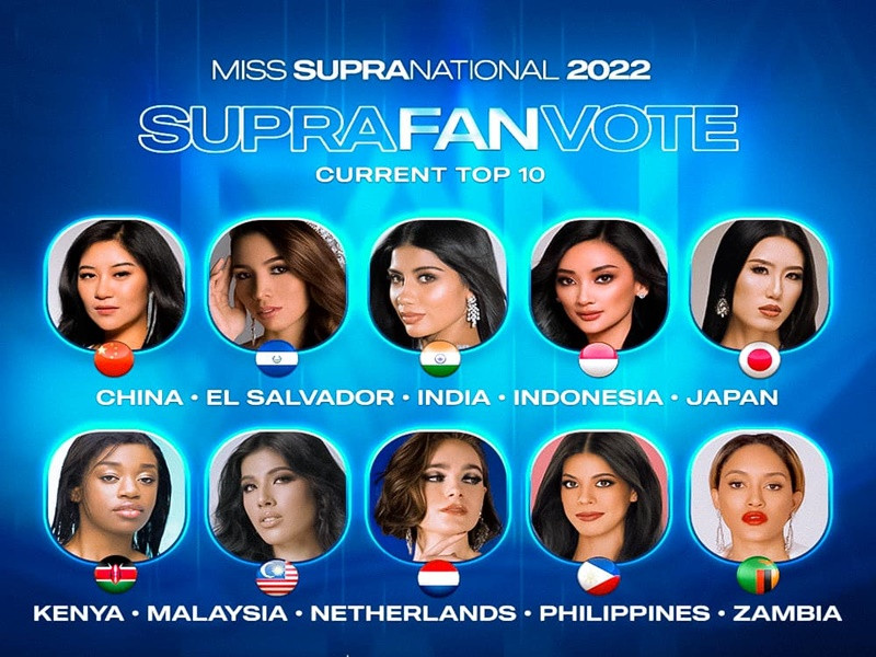 Top 10 giải bình chọn do khán giả tạm thời có các đại diện: Trung Quốc, El Salvador, Ấn Độ, Indonesia, Nhật Bản, Kenya, Malaysia, Hà Lan, Philippines và Zambia. Theo ban tổ chức, người chiến thắng giải thưởng này sẽ vào thẳng top 12 chung cuộc. Ảnh: Miss Supranational