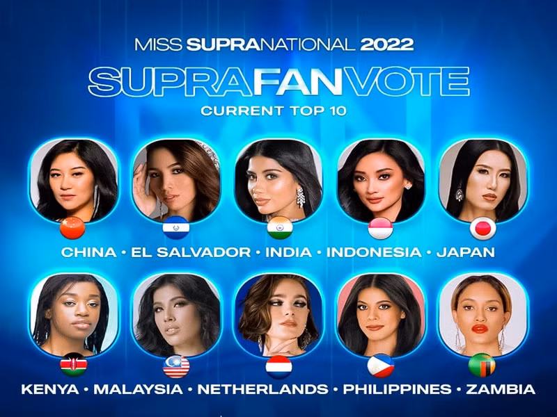 Top 10 giải bình chọn do khán giả tạm thời có các đại diện: Trung Quốc, El Salvador, Ấn Độ, Indonesia, Nhật Bản, Kenya, Malaysia, Hà Lan, Philippines và Zambia. Theo ban tổ chức, người chiến thắng giải thưởng này sẽ vào thẳng top 12 chung cuộc. Ảnh: Miss Supranational