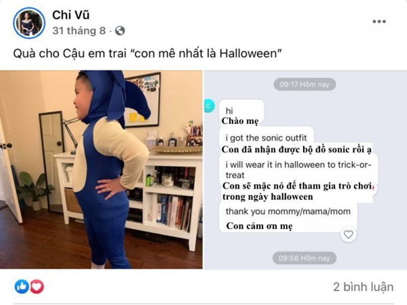 Bé Gia Phúc dù xa mẹ từ lúc còn nhỏ nhưng vẫn dành nhiều tình cảm cho mẹ. Quỳnh Chi từng khoe con trai nhắn tin cảm ơn sau khi được mẹ tặng trang phục Halloween. Ảnh: Yan