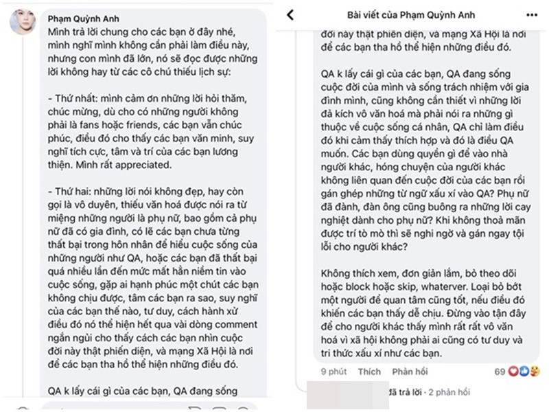 Nữ ca sĩ để lại bình luận khá dài với nội dung bức xúc antifan buông lời gây tổn thương cho một phụ nữ đang mang bầu. Cô nhắn nhủ antifan nếu thấy khó chịu với hình ảnh bầu bí của cô thì hãy bỏ theo dõi. Ảnh: Người đưa tin