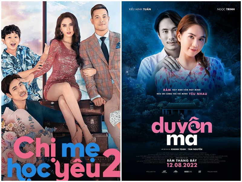 Trong tháng 8/2022, Ngọc Trinh xuất hiện trên màn ảnh rộng với vai diễn trong phim "Duyên ma". Trong dự án này và "Chị mẹ học yêu 2", Ngọc Trinh kết hợp với Kiều Minh Tuấn. Ảnh: Thế giới điện ảnh, FBNV