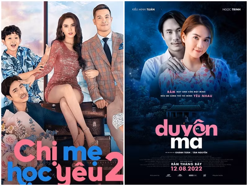 Trong tháng 8/2022, Ngọc Trinh xuất hiện trên màn ảnh rộng với vai diễn trong phim "Duyên ma". Trong dự án này và "Chị mẹ học yêu 2", Ngọc Trinh kết hợp với Kiều Minh Tuấn. Ảnh: Thế giới điện ảnh, FBNV