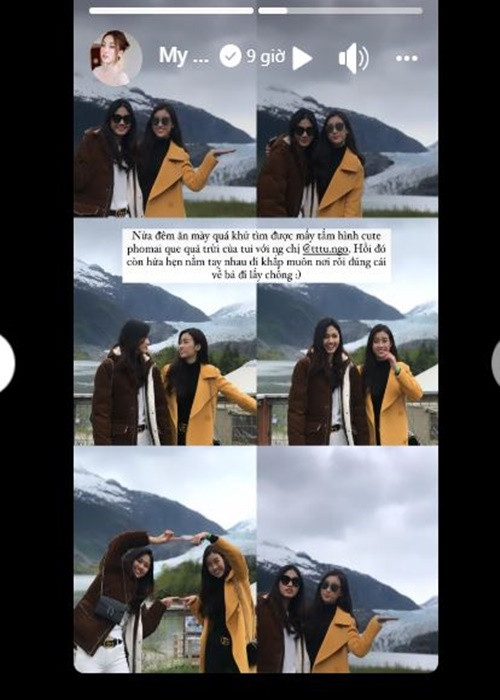 Ngoài ra, trên trang cá nhân, Đỗ Mỹ Linh gây chú ý khi có động thái chia sẻ lại bức ảnh cũ bên Á hậu Thanh Tú. Nàng hoa hậu còn viết: "Nửa đêm ăn mày quá khứ, tìm được mấy tấm hình cute quá trời của tui với người chị. Hồi đó còn hứa hẹn nắm tay nhau đi khắp muôn nơi rồi đùng cái về bả đi lấy chồng". Ảnh: FBNV