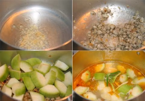 Chế biến. Phi thơm dầu ăn, cho ít ớt bột vào để tạo màu. Tiếp đến cho hến vào xào săn. Cho bí vào rồi cho nước lọc vào đun sôi. Thêm vào gừng thái sợi rồi nêm lại gia vị vừa ăn là được.