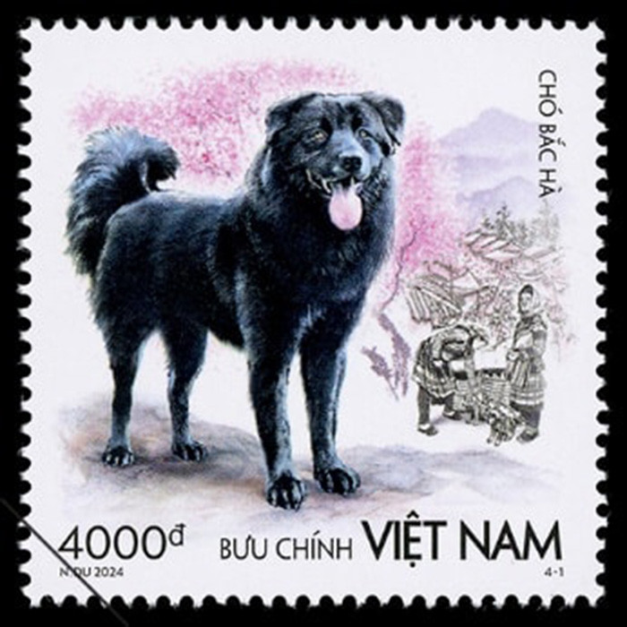 Hình nền mẫu tem "Chó Bắc Hà" thể hiện cảnh chợ phiên Bắc Hà, Lào Cai. Ảnh: Bưu điện Việt Nam.