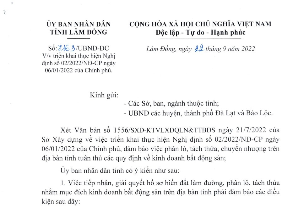 Lâm Đồng chỉ đạo mới nhất về phân lô, tách thửa đất Lam Dong chi dao moi nhat ve phan lo, tach thua dat