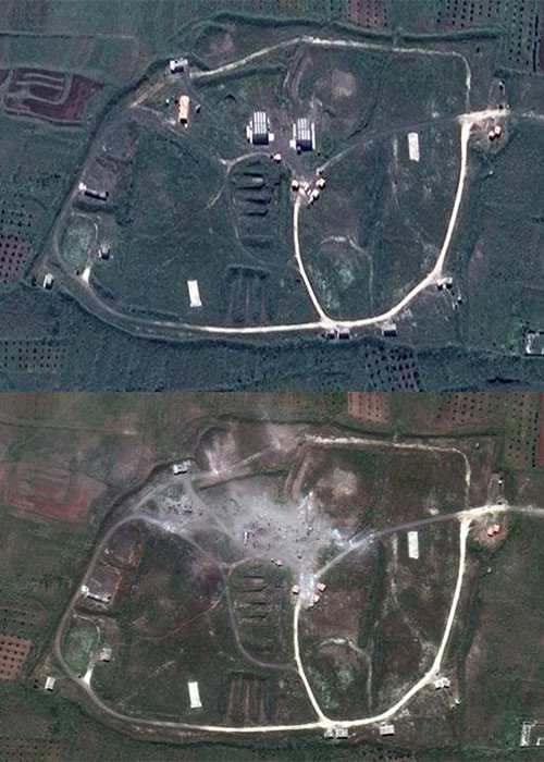 Hình ảnh căn cứ của Syria ở tỉnh Homs trước và sau vụ không kích do DigitalGlobe đăng tải.