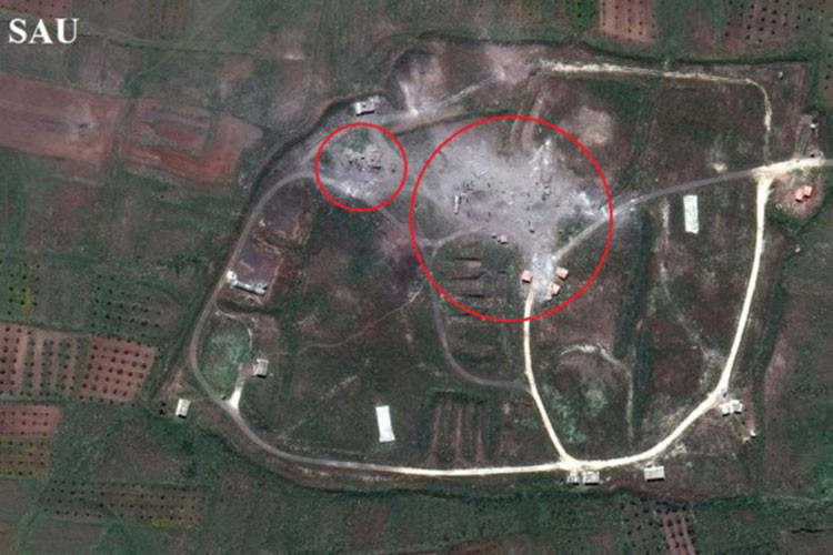 Một mục tiêu khác của liên quân là Kho quân sự Him Shinshar tại thành phố Homs. Chính phủ Syria cho biết tất cả các tên lửa tấn công Homs đều bị bắn hạ. Tuy nhiên, hình ảnh vệ tinh cho thấy các tòa nhà tại Him Shinshar đã bị phá hủy gần như hoàn toàn. Quân đội Mỹ cho biết 24 tên lửa đã tấn công cơ sở này, gồm 9 tên lửa Tomahawk của Mỹ, 8 tên lửa Storm Shadow của Anh, 5 tên lửa hành trình hải quân và 2 tên lửa SCALP của Pháp. Ảnh: Digital Globe.