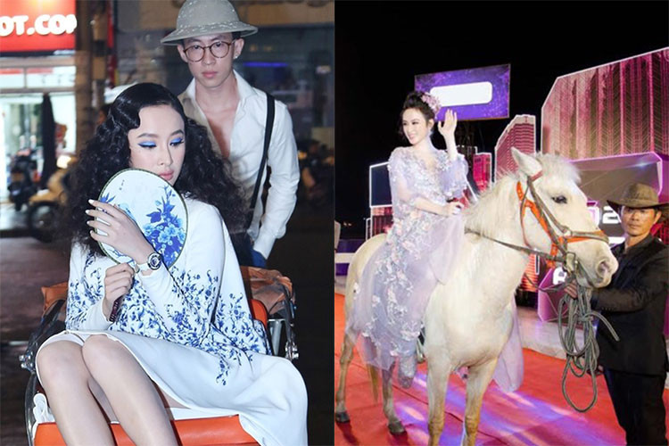 Hình ảnh Angela Phương Trinh cưỡi ngựa, ngồi xích lô bị chỉ trích là quá lố. Ảnh: Hoahoctro